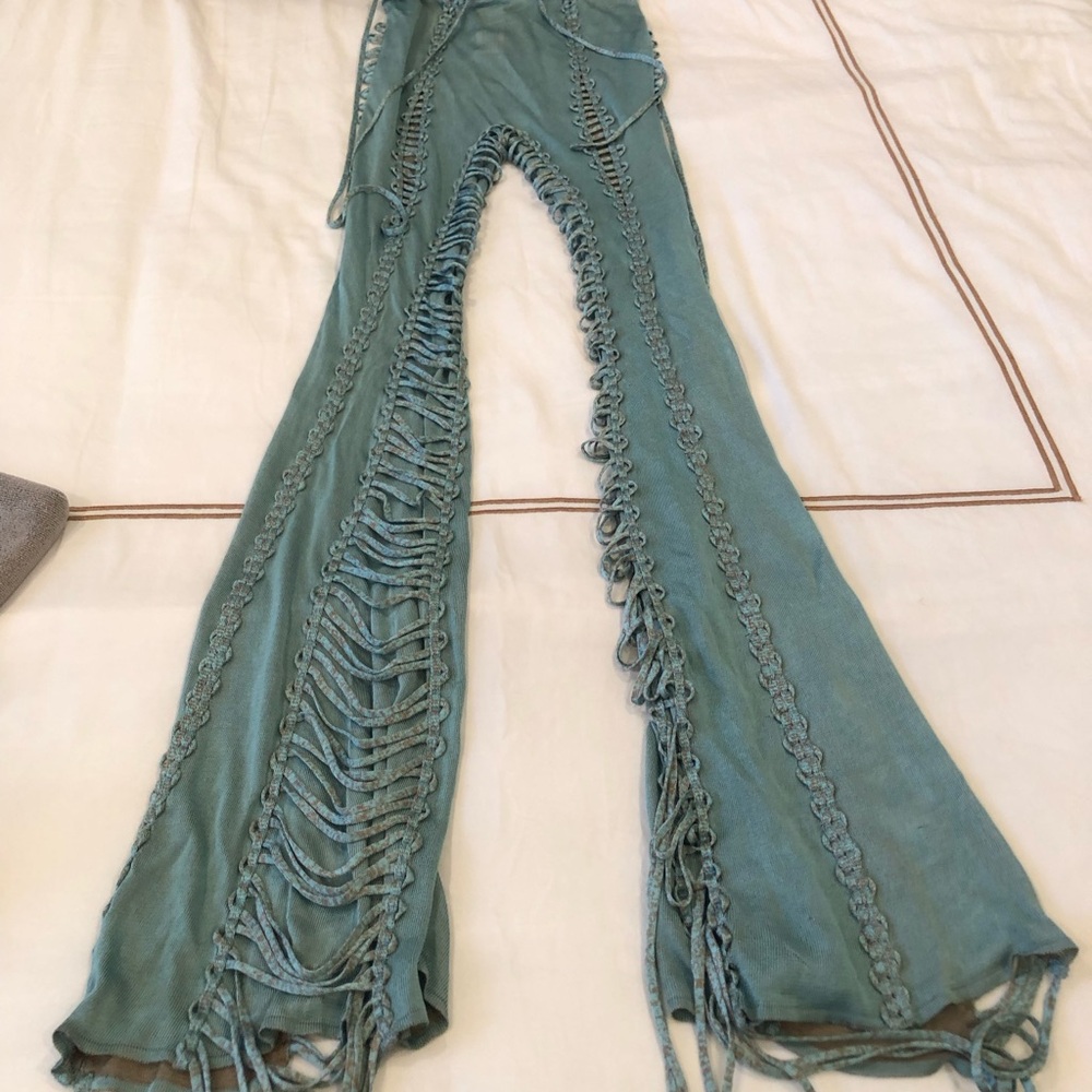 ISA BOULDER  Split & Tear Lounge Pants - Aqua/Brown